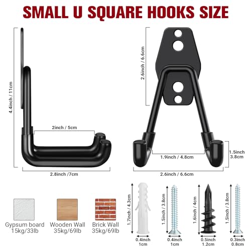 Garage Hooks Heavy Duty, 12 Pack Black Metal U Square Organizing Hooks for Hanging Heavy Duty, Bike Ladder Hangers, Iron Rust-Proof Screw-in Utility System Tool Organizer Wall Storage - style: 12 Pack U Hook