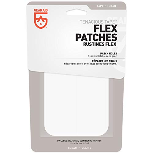 GEAR AID Tenacious Tape Flex Heavy Duty Patches for Fixing Holes and Rips in Outdoor Fabrics, Vinyl, Pool and Snow PVC Inflatables, Peel-and-Stick, Clear, Two 3" x 5" Patches - style: 1 Pack