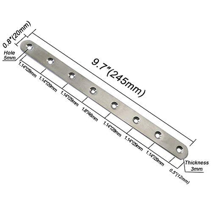 4 pcs 245mm / 9.7" Length 8 Hole Stainless Steel Straight Corner Brackets Flat Fixing Mending Brace Plates with Fixing Screws