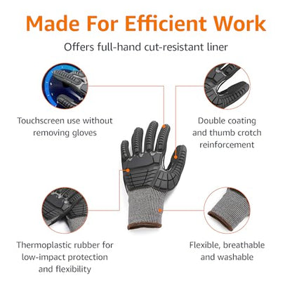 Amazon Basics Impact Protection Work Gloves, Cut Level A2, ANSI Level 4 Abrasion, Touchscreen Compatible, 15G Sandy Nitrile Palm, X-Large, Black with Brown Edge - size: X-Large