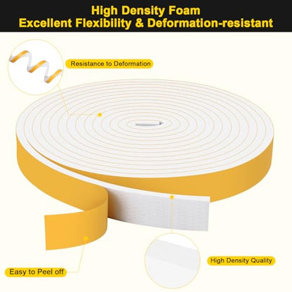 Foam Weather Stripping Strong Adhesive, 1 in x 1/2 in x 20Ft White Weather Strips, Tool-Free for Multi-Room Wide Medium-Large Gap Sealing - color: White, size: 1 In x 1/2 In x 20Ft