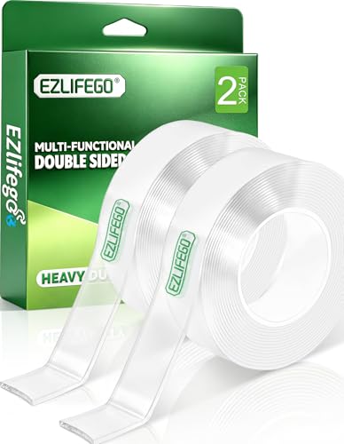 EZlifego Double Sided Tape Heavy Duty(Extra Large, Pack of 2, Total 396 Inch), Nano Double Sided Adhesive Tape, Clear Mounting Tape Picture Hanging Strips, Removable Wall Tape Sticky Poster Tape Decor