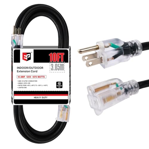 EP 10 Ft Lighted Outdoor Extension Cord - 10/3 SJTW Heavy Duty Black Extension Cable with 3 Prong Grounded Plug for Safety, UL Listed - color: Black, size: 10ft