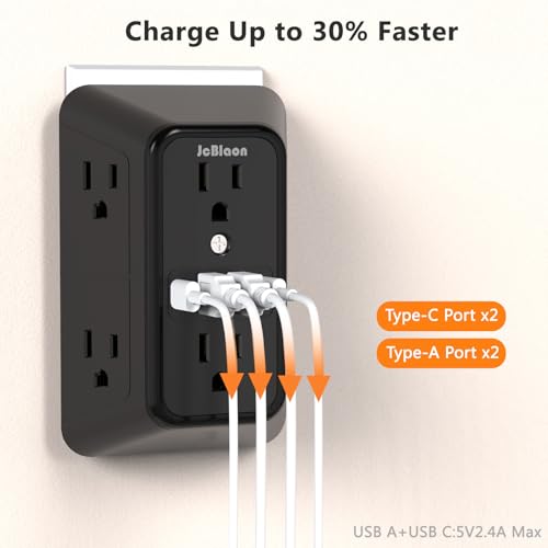 Surge Protector Outlet Extender, 6 Outlet Extender with 4 USB Charging Ports (2 USB C), 3 Sided Multi Plug Wall Adapter for Home, Office, Travel-2 Pack,Black - color: Black-6 Outlets-2 Pack