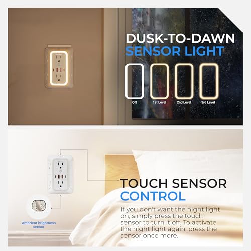 Wall Mount Power Strips Wall Charger 6 Outlet Extender 4 USB Ports (5V, 2.4A, 12W) and Night Light 3-Sided Power Strip with Adapter Spaced Outlets - Multi Plug Outlet Surge Protector for Home Office
