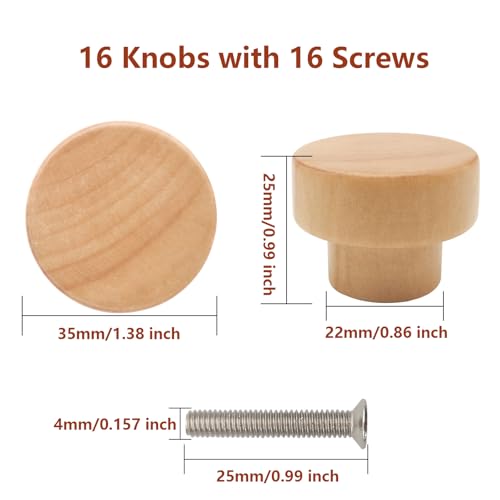 16PCS Wood Knobs Flat Top Round Cabinet Knobs Natural Wooden Dresser Drawer Pulls (Diameter: 35mm/1.38 inch, Height: 25mm/0.99 inch) - color: Flat Top Natural, size: 16 Pieces