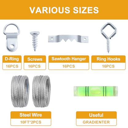 KURUI 303Pcs Picture Hanging Kit, Picture Hangers Assorted Kit with Heavy Duty Wall Hooks, Sawtooth, Picture Wire, D Rings, Hardware Nails, Eye Hooks, Silver Heavy Duty Frame Hooks - size: Silver
