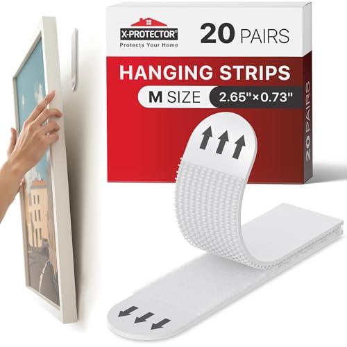 X-Protector Picture Hanging Strips - 20 Pairs Damage Free Picture Hangers - Self Adhesive Hangers Without Nails - Heavy Duty Wall Hanging Strips - Wall Sticky for Hanging Up to 15 LBS (Size M) - size: M