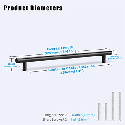KNOBWELL 6 Pack 10" Black Cabinet Handles Euro Style Stainless Steel Modern Long Kitchen Cabinet Door Pulls, Overall Length 12-3/5" - color: Black, size: 10 inch(256mm)