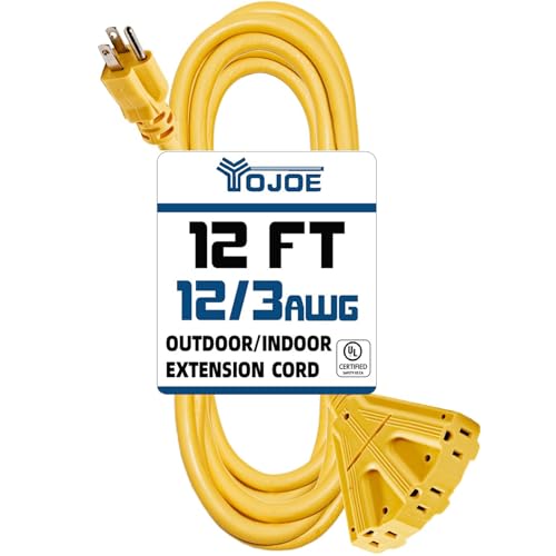 YOJOE 3-Outlets Indoor Outdoor Extension Cord, 3 Prong 15A Weatherproof Power Cord Multiple Outlets, 12 Gauge Heavy Duty 12 ft Yellow Extension Cord for Garage, Garden, 12/3 SJTW UL Listed - color: Yellow, size: 12 Foot