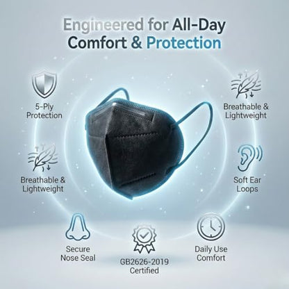 Kingfa KN95 Face Masks 50 Pack, GB2626-2019 Certified 5-Layer, 95% Filtration, Adjustable Nose Clip - color: Black