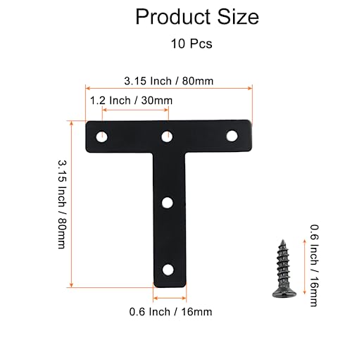 Hordion 10Pcs 3 x 3 Inch T Bracket Corner Brace (80 X 80mm), Iron Flat Corner Bracket Heavy Duty, Metal T Shaped Support Brace, Right Angle Brackets Repair Plates with Screws - size: 3" x 3" (Black), style: T-Shape