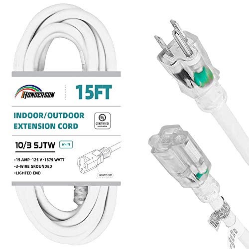 Indoor Outdoor Extension Cord Weatherproof with Lighted End, UL Certified, 10 Gauge 15FT White 3 Prong Heavy Duty, 10/3 SJTW 15A Power Cord for Outdoor Lights, Lawn - size: 15ft, style: 10/3