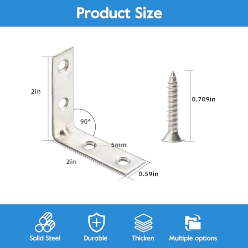 HOME MASTER HARDWARE 40pcs L Bracket Corner Brace Sets, Stainless Steel Corner Bracket, 2 inch Joint Right Angle Brackets with Screws for Shelves Wood Furniture Frame - size: 2 " Stainless Steel-40Pack