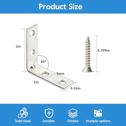 HOME MASTER HARDWARE 40pcs L Bracket Corner Brace Sets, Stainless Steel Corner Bracket, 2 inch Joint Right Angle Brackets with Screws for Shelves Wood Furniture Frame - size: 2 " Stainless Steel-40Pack