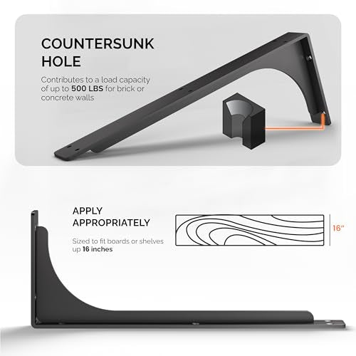 BATODA 16” Shelf Brackets with Beam (4pcs) - L Shelf Brackets Black - Hook Brackets for Floating Shelves - Wall Mounted Support for DIY Open Shelving – Mounting Hardware Included (Pack 4) (4, 16 Inch) - size: 16 Inch