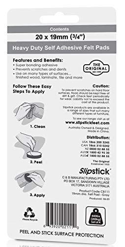 Slipstick Premium Wool Felt Furniture Pads/Small Chair Feet Floor Protectors (3/4 Inch Round) Includes 20 Heavy-Duty Felt Pads with Self Stick Adhesive, Gray, CB111 - size: 3/4" Round