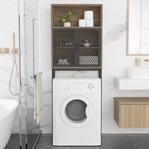 Launica Bathroom Organizer Over Toilet, Over The Toilet Storage Cabinet, Wood Metal Bathroom Space Saver Stand Behind Toilet, Industrial Freestanding Rack Above Toilet with Shelf, Rustic Oak - color: Rustic Oak