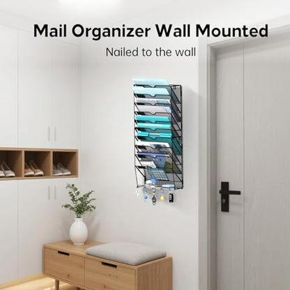 11 Tier Wall File Organizer - Hanging File Organizer with 5 Hooks, Mail Holder Wall Mounted for Papers, Folders, Magazines, Bills, Office&School Organization, Black - size: 11 Tier-Black