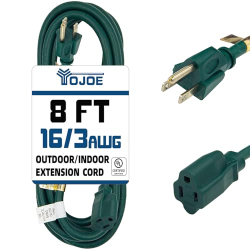 YOJOE Indoor Outdoor Extension Cord, 3 Prong 13A Weatherproof Power Cord, 16 Gauge Heavy Duty 8 ft Green Extension Cord for Garage, Garden and Home, 16/3 SJTW UL Listed - color: Green, size: 8 Foot, style: 16/3 Standard
