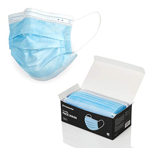 StringKing Disposable Face Masks for Protection - 3-Ply Mask - Premium Filter, Adjustable Metal Nose Piece and Elastic Band Ear Loops - Latex-Free (Box of 50 - Blue)