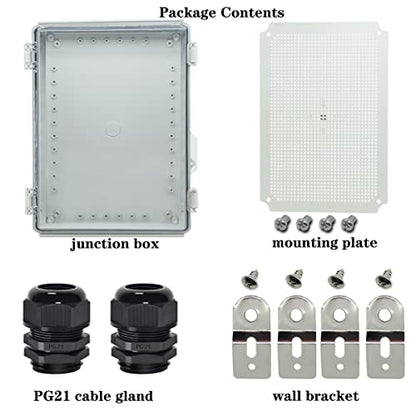 Zulkit Junction Box,IP67 Waterproof Electrical Box Hinged Clear Cover Stainless Steel Buckle Plastic Enclosure for Project w Mounting Plate Wall Bracket and 2 Cable Gland 15"x11"x5.1"/380x280x130mm - color: Clear Cover, size: 15"x11"x5.1"