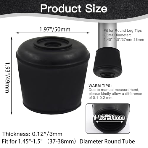 4pcs 1-1/2 Inch Round Chair Leg Tips Caps, Non-Slip Rubber Chair Leg Floor Protectors, Black Furniture Leg Caps Fit for 1.45"-1.5" (37-38mm) Diameter Round Feet - size: 1-1/2 Inch-Black-4pcs