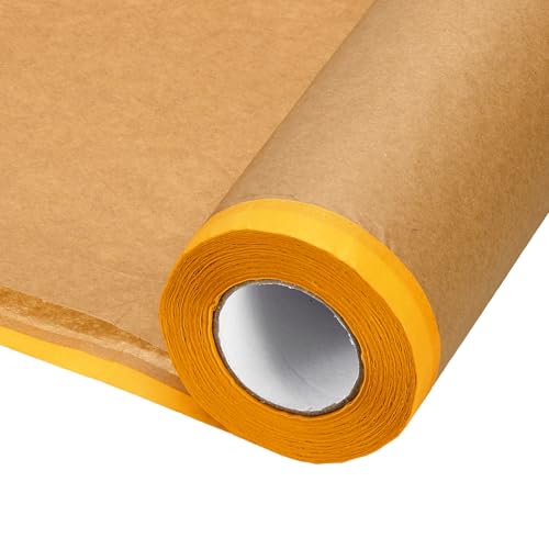 HARFINGTON Pre-Taped Masking Paper, 24" x 49 ft Paint Adhesive Protective Paper Painter Tape and Drape for Masking Auto Body Covering Wall Skirting Frames, Yellow - color: Yellow, size: 24 IN x 49 FT