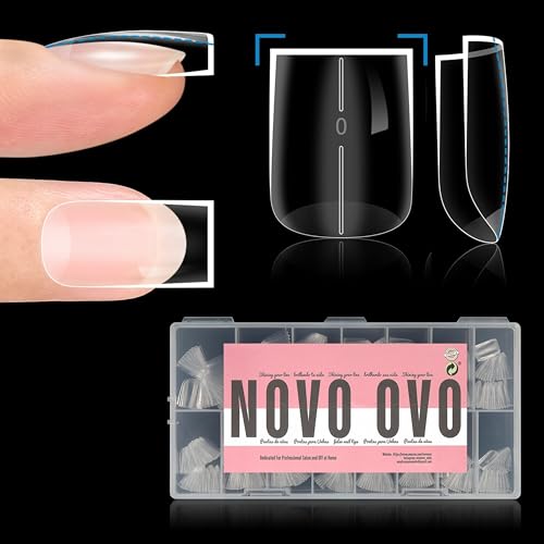 NOVO OVO Straight Square Thick Short Natural Nail Tips Press on, No C Curve Sharp Square Soak Off Soft Gel Fake Nail Extension, Full Cover False Nails for Acrylic French, Salon DIY x 15 Sizes 510 pcs - color: Short Square Sharp Thick