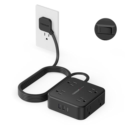 TESSAN Surge Protector Power Strip, 10 Ft Flat Plug Extension Cord with 3 USB (1 USB C) 8 Outlets, 1250W, 900J Protection, 3 Sided Outlet Extender with Power Switch for Office, Dorm Room, Black - color: Black with 1 USB C, size: 10 Feet