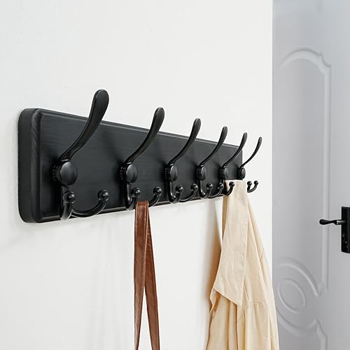 Dseap Coat Rack Wall Mounted - 24" Long 6 Tri Hooks, Heavy Duty Wooden Wall Coat Hanger Coat Hook for Clothes Hat Jacket Clothing, Black, Pack of 2 - color: Black, size: L=24"