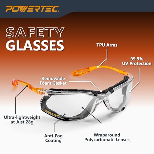 POWERTEC Safety Glasses ANSI Z87.1-2020, Clear Wraparound Protective Eyewear with Removable Foam Gasket, UV Protection for Construction, Woodworking & Jobsite Use (72317) - style: Safety Glasses