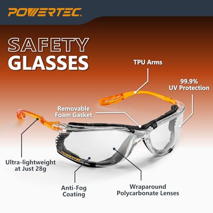 POWERTEC Safety Glasses ANSI Z87.1-2020, Clear Wraparound Protective Eyewear with Removable Foam Gasket, UV Protection for Construction, Woodworking & Jobsite Use (72317) - style: Safety Glasses
