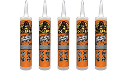 Gorilla Heavy Duty Construction Adhesive, 9 ounce Cartridge, White, (Pack of 5)