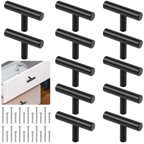 Romeda 12 Pack Black Cabinet Knobs, 2in Single Hole Cabinet Hardware with Screws 1in & 1.5in, Drawer Pulls (Black) for Kitchen Bedroom Bathroom Furniture - color: 12 Pack | T-type Black