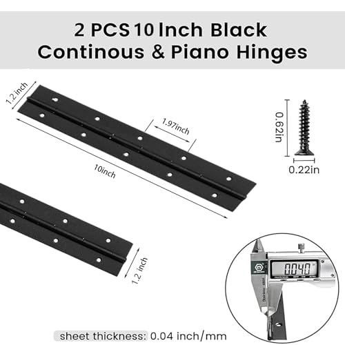 10 Inch Heavy Duty Continuous Piano Hinges, Black Stainless Steel 0.05" Thick 1.2" Open Width Folding Furniture Hinges with Screws for Cabinet Door Box DIY Projects (2 Pack) - size: 10IN-1.2IN-2PACK