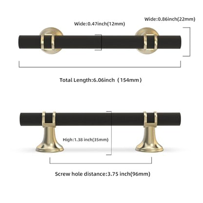 10 Pack 3-3/4 Inch Cabinet Pulls knurled Matte Black and Brushed Gold Kitchen Cabinet Handles Aluminum and Zinc Alloy Drawer Pulls Solid Cabinet Hardware - color: Black and Brushed Gold Knurled, size: 3-3/4'' Hole Center(96mm)