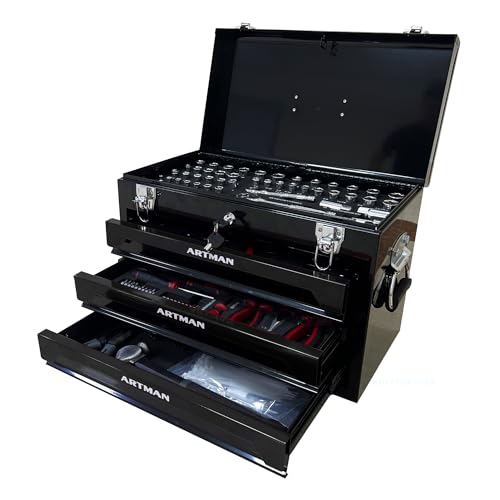 Runboll Mechanics Tool Set 339-Piece 3-Drawer Toolbox with Tools Kits Included, with pliers, ball hammer, screwdrivers, wrenches, Hex Keys, and More - color: Black, size: Toolbox w/ Kits