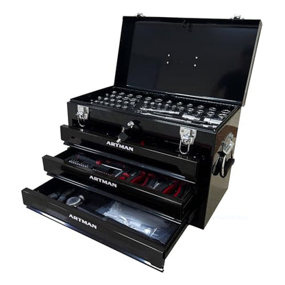 Runboll Mechanics Tool Set 339-Piece 3-Drawer Toolbox with Tools Kits Included, with pliers, ball hammer, screwdrivers, wrenches, Hex Keys, and More - color: Black, size: Toolbox w/ Kits