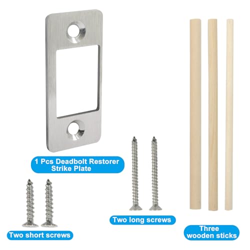 1 Pack Deadbolt Restorer Strike Plate - Heavy Duty Stainless Steel Lock Repair Kit with Wood Dowel Strips & 4 Screws, Fix Misalignment/Jamming for Home, Office, Apartment (Silver) - color: Silver