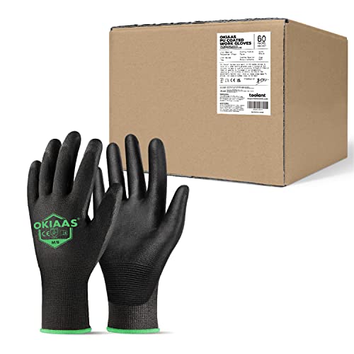 OKIAAS Work Gloves for Men，Ultra Thin and Lightweight Working Gloves with Grip, Bulk Case of 60 Pairs Construction Gloves with Polyurethane Coating, Safety Gloves for Light Duty Work (Black, Medium) - color: Black (60 Pairs), size: Medium