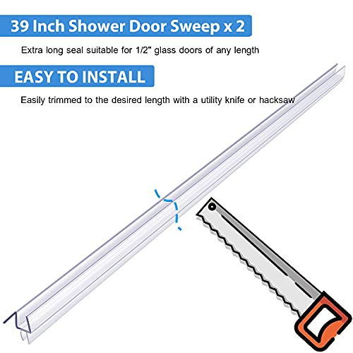 Butecare Premium Frameless Shower Door Bottom Seal Strip for Glass Doors - Shower Door Seal Sweep (1/2” x 39”, Clear Vinyl) - size: 1/2”x 39”