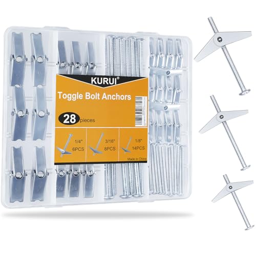KURUI Heavy Duty Hollow Wall Anchors for Drywall Ceiling, Toggle Bolts and Wing Nut Kit, 28Pcs Metal Drywall Anchors and Screws Assortment Set, 3 Sizes Butterfly Anchors for Hanging 1/8, 3/16, 1/4 - style: 28 Pack