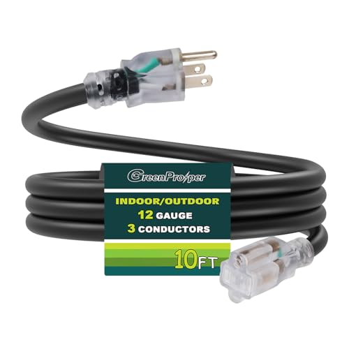25 FT Black Extension Cord with Lighted End, 12 AWG 3 Prong Indoor Outdoor Heavy Duty Waterproof Power Cable for Major Appliance, 12/3 SJTW UL Listed - color: Black, size: 25 FT