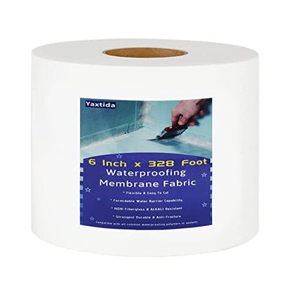 6 Inches X 328 Feet Waterproofing Membrane Anti Fracture Fabric, Reinforcing Water Barrier Drywall Mesh Tape, Liquid Waterproof Membranes Fiberglass Tape for Shower Wall,Leak,Seam - size: 6 Inches x 328 Feet