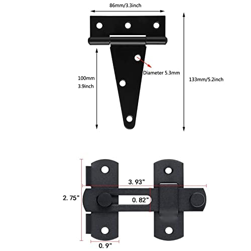Barn Gate Latch Door Tee Hinge Hardware Kit, 2 Pack Barn Flip Latch Lock and 4 Pack 4inch T-Strap Gate Hinges,Black Finish Gate for Wood Vinyl Fence Gate Shed Door,Farm,Garden，Gate,Closet Door