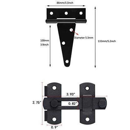 Barn Gate Latch Door Tee Hinge Hardware Kit, 2 Pack Barn Flip Latch Lock and 4 Pack 4inch T-Strap Gate Hinges,Black Finish Gate for Wood Vinyl Fence Gate Shed Door,Farm,Garden，Gate,Closet Door