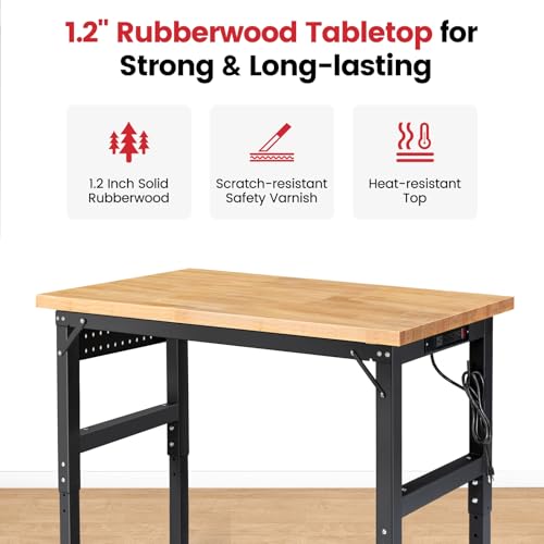 ENJOYWOOD 48" x 20" Heavy Duty Workbench with Wheels, Adjustable Height Garage Work Table with Solid Rubberwood Top, Pegboard & Power Outlets for Workshop, Home & Office - size: XX-Small