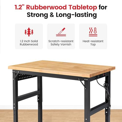 ENJOYWOOD 48" x 20" Heavy Duty Workbench with Wheels, Adjustable Height Garage Work Table with Solid Rubberwood Top, Pegboard & Power Outlets for Workshop, Home & Office - size: XX-Small