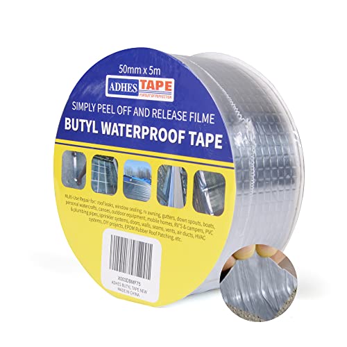 ADHES Butyl Tape Waterproof Tape, 2in x 16ft Aluminum Foil Tape, Butyl Sealant Tape for RV Repair, Window, Boat and Pipe Sealing, Glass & EDPM Rubber Roof Patching(Model:RAY100-2,Glue Color:Grey) - color: Grey, size: 2 inches x 16 feet